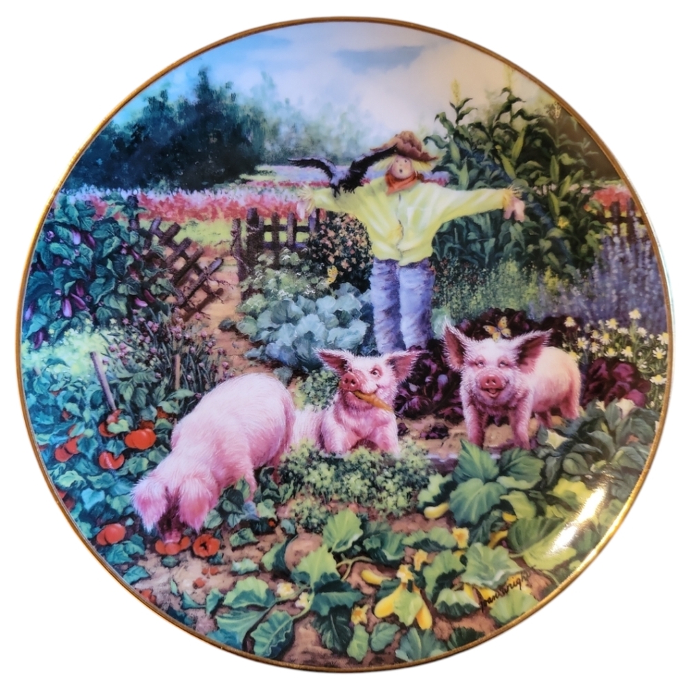 Vtg 97 Hog Harvest Joan Wright Pigs In Bloom Danbury Mint Collector Plate Gold